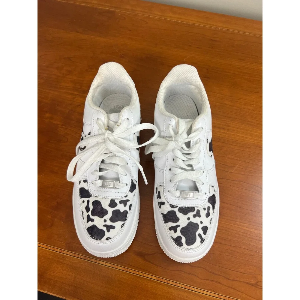 Nike Air Force 1 Low‎ Custom Cow Print White Black Sneakers 315115-112 Womens 7